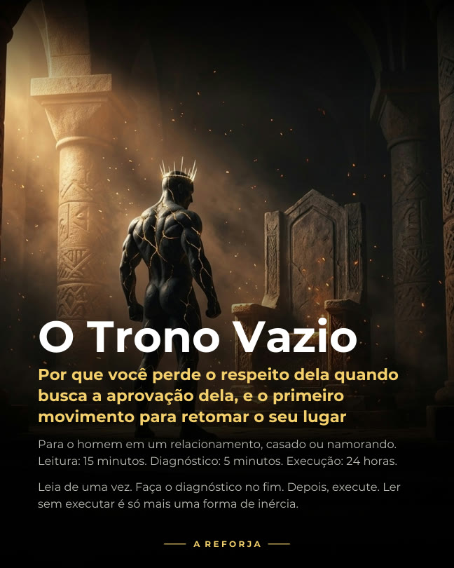Capa do PDF O Trono Vazio: um homem de pedra com rachaduras douradas e uma coroa de luz, diante de um trono vazio